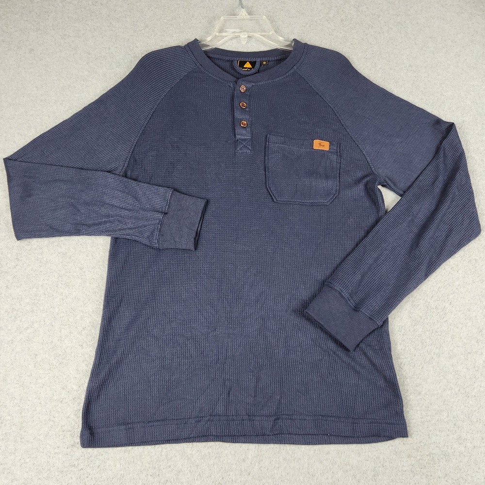 Mens Henley Shirt Medium Navy Blue Waffle Knit Single Pocket Stretch Long Sleeve